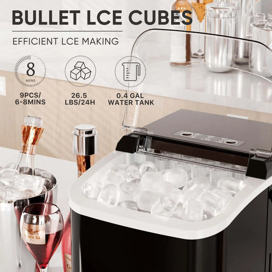 Countertop Ice Maker | 6 Min Fast Ice, 26.5lbs Daily, 2 Sizes